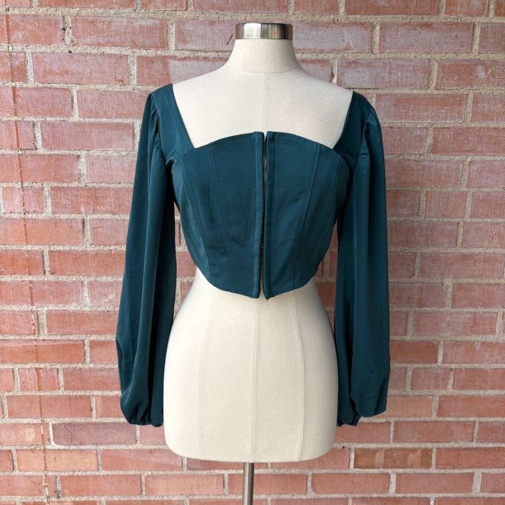 Urban‎ Outfitters Whimsygoth Corset Crop Top Women's L Evergreen Ballon Sleeve